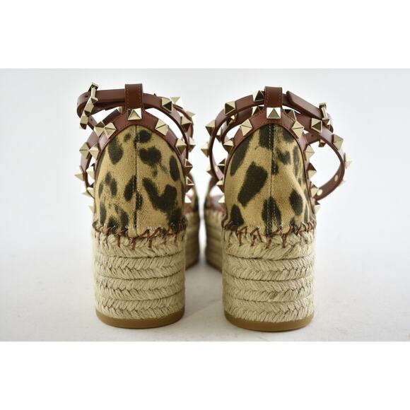 Valentino Rockstud Leopard Black Ankle Strap Platform Espadrille Wedge Sandal 38 - Picture 10 of 11